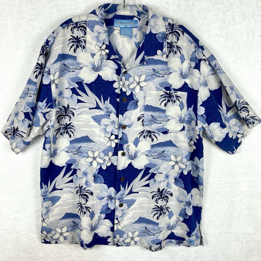 Bermuda Bay Hawaiian Shirt Mens L Blue White Floral Silk Aloha Outrigger Canoe